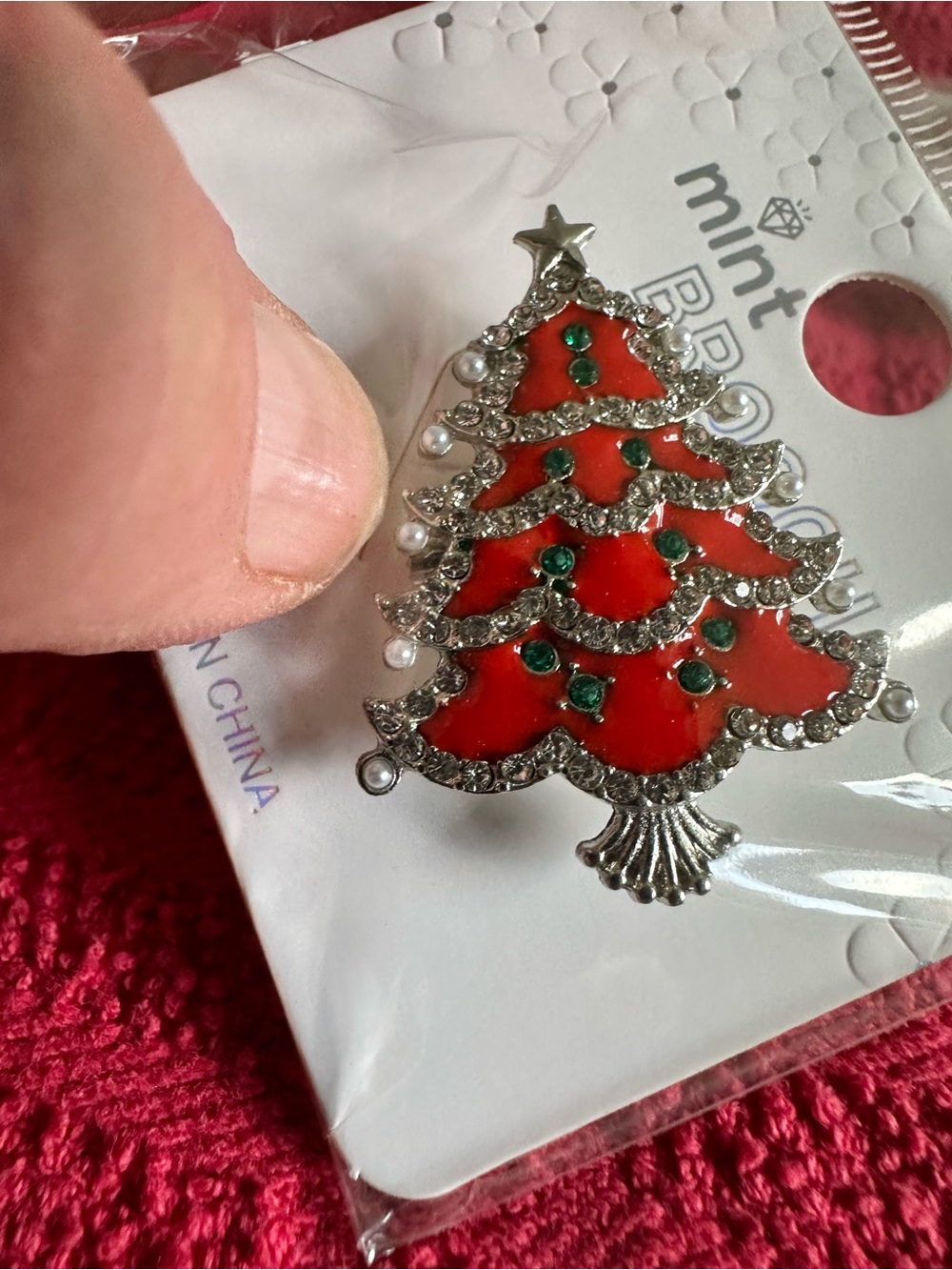 Mint Christmas Tree Brooch - Red and Green Holiday Pin